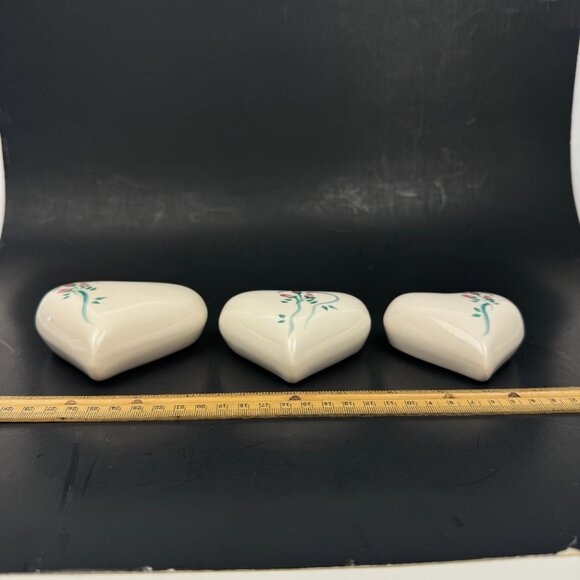 3 Vtg Ceramic Cream Color Heart Shape Wall Hanging Ornament Floral Ribbon Paint - Picture 3 of 10